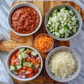 Pizza Sauce Bowls Set, Diced Veggies, Shredded Cheese on a Wooden Board, Homemade Sauces Royalty Free Stock Photo