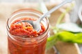 Pizza sauce in a jar selective focus