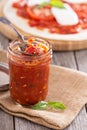 Pizza sauce in a jar selective focus Royalty Free Stock Photo