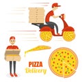 Pizza, scooter motorcycle and delivery boy. Fast delivery concept