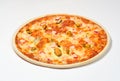 Pizza Sea with shrimp, mussels and crab sticks olives, mozzarella cheese on a white background