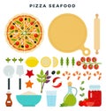 Pizza with seafood and all ingredients for cooking it. Make your pizza. Set of products and tools for pizza making