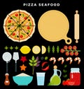 Pizza with seafood and all ingredients for cooking it. Make your pizza. Set of products and tools for pizza making