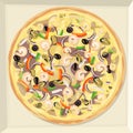 Pizza with seafood, cheese, vegetables and herbs