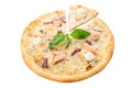 Pizza with seafood. Creamy sauce, Tiger shrimp, mussels, Salmon, Octopus, Mozzarella cheese, Oregano. White background. Isolated.