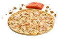 Pizza with seafood, mozzarella, salmon, pear isolated on white background.