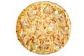 Pizza with seafood, mozzarella, salmon, pear isolated on white background.