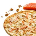 Pizza with seafood, mozzarella, salmon, pear isolated on white background.
