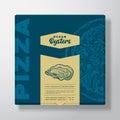 Pizza with Seafood Oysters Realistic Cardboard Box Mockup. Abstract Vector Packaging Design or Label. Modern Typography