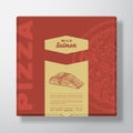 Pizza with Seafood Salmon Realistic Cardboard Box Mockup. Abstract Vector Packaging Design or Label. Modern Typography
