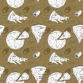 Pizza seamless doodle sketch pattren on a brown background. Print for banners, wrapping paper, posters, cards, invitations, fabric