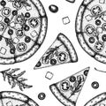 Pizza seamless pattern background design. Engraved style. Hand drawn greek pizza. Royalty Free Stock Photo