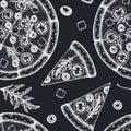 Pizza seamless pattern background design. Engraved style. Hand drawn greek pizza. Royalty Free Stock Photo