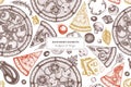 Pizza seamless pattern background design. Engraved style. Hand drawn greek, margherita, pepperoni, veggie, ham and Royalty Free Stock Photo