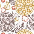 Pizza seamless pattern background design. Engraved style. Hand drawn greek, margherita, pepperoni, veggie, ham and Royalty Free Stock Photo