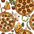 Pizza seamless pattern background design. Engraved style. Hand drawn greek, margherita, pepperoni, veggie, ham and Royalty Free Stock Photo