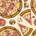 Pizza seamless pattern background design. Engraved style. Hand drawn pizza with ham and mushrooms, champignon.