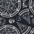 Pizza seamless pattern background design. Engraved style. Hand drawn pizza with ham and mushrooms, champignon.