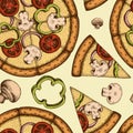 Pizza seamless pattern background design. Engraved style. Hand drawn veggie pizza, champignon.