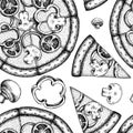 Pizza seamless pattern background design. Engraved style. Hand drawn veggie pizza, champignon.