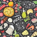 Pizza seamless pattern hand drawn sketch. Pizza Doodles Food background with flour and other food ingredients, oven and kitchen to Royalty Free Stock Photo