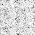 Pizza seamless pattern hand drawn sketch. Pizza Doodles Food background with flour and other food ingredients, oven and kitchen to Royalty Free Stock Photo