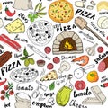 Pizza seamless pattern hand drawn sketch. Pizza Doodles Food background with flour and other food ingredients, oven and kitchen to Royalty Free Stock Photo