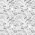 Pizza seamless pattern hand drawn sketch. Pizza Doodles Food background with flour and other food ingredients, oven and kitchen to