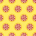 Pizza seamless pattern. Pepperoni pizza icon on yellow background. Fast food icon in flat design