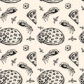 Pizza seamless pattern. Useful for restaurant identity, packaging, menu design, and interior decorating. Vector illustration