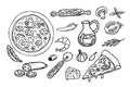 pizza set, round pizza with ingredients doodle hand drawn in cartoon style, comic isolated on white background. Royalty Free Stock Photo