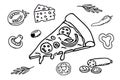 pizza set, round pizza with ingredients doodle hand drawn in cartoon style, comic isolated on white background. Royalty Free Stock Photo