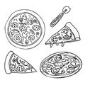 pizza set, slice and round pizza with round cutter doodle hand drawn in cartoon style, comic isolated on white Royalty Free Stock Photo