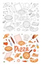 Pizza set. Whole and pieces italian pizza. Restaurant cafe menu. Italian cuisine, traditional food. Vector illustration.