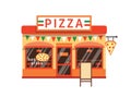 Pizza shop flat vector illustration. Pizzeria building facade with signboard isolated on white background. Small cafe