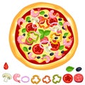 Pizza with shrimp, vegetables and salami with a little ketchup around the perimeter