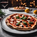a pizza sits on top of a white plate next to two glasses of wine Royalty Free Stock Photo