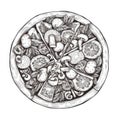 Pizza Sketch, Hand Drawn Pizza Slices, Traditional Pizzeria Engraving Imitation, Sketched Bakery Fast Food