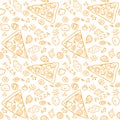Pizza sketch ingredients - orange vector seamless pattern