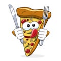 Pizza slice cartoon funny fork knife eating hungry tongue isolated Royalty Free Stock Photo