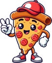 A pizza slice character in a red cap, gesturing with a friendly expression Royalty Free Stock Photo