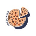 Pizza with slice in cute cozy hugge cartoon style illustration