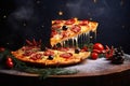 Pizza slice defying gravity, showcasing cheese, tomatoes, greens, and olives soaring on a dark background