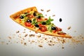 Pizza slice defying gravity, showcasing cheese, tomatoes, herbs, and olives soaring on a light background