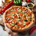 Pizza slice delicious in man\'s hand on light background