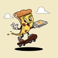 Pizza slice funny cartoon retro Pizza Character is delivering Pizza with skateboard. Best for Pizzeria designs.