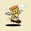 Pizza slice funny cartoon retro Pizza Character is delivering Pizza with skateboard. Best for Pizzeria designs.