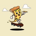 Pizza slice funny cartoon retro Pizza Character is delivering Pizza with skateboard. Best for Pizzeria designs.