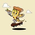 Pizza slice funny cartoon retro Pizza Character is delivering Pizza with skateboard. Best for Pizzeria designs.