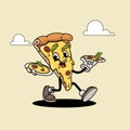 Pizza Slice Funny Cartoon Retro Pizza Character walking. Best for Pizzeria designs.